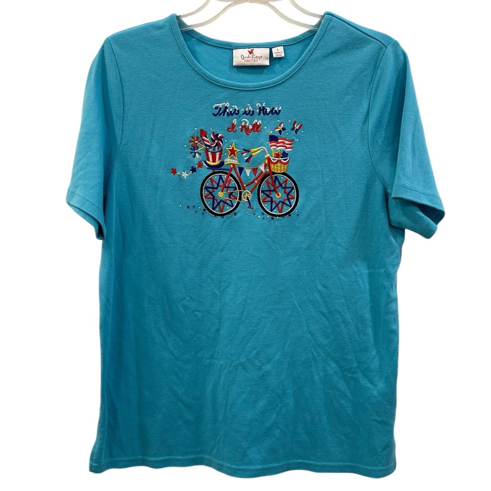 Quacker Factory Plus Aqua Patriotic Rhinestones Embroidered Bicycle Shirt Top L